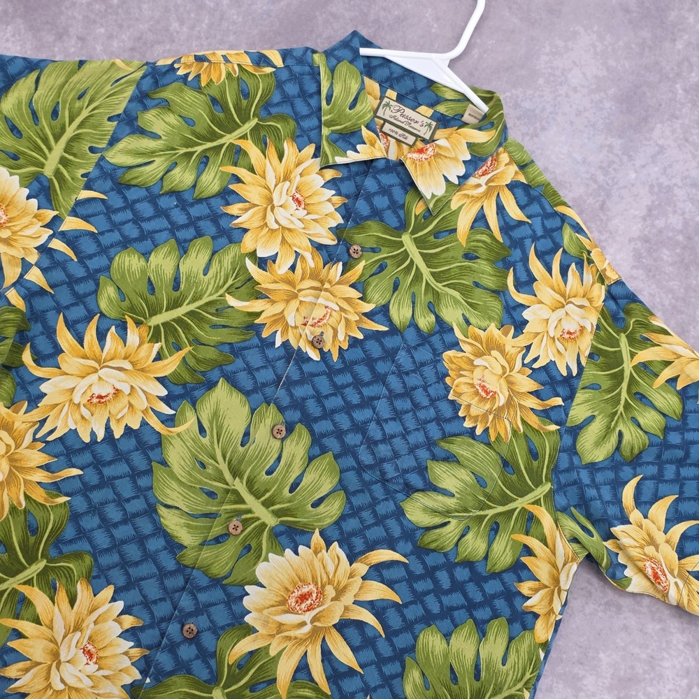 Silk Hawaiian Shirt Pussers Island Reserve Mens Medium Blue Floral Monstera